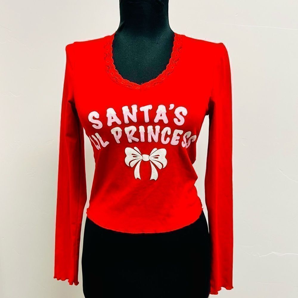 Sugar Thrillz x Dolls Kill Santa’s Lil Princess top glittery graphic sz S